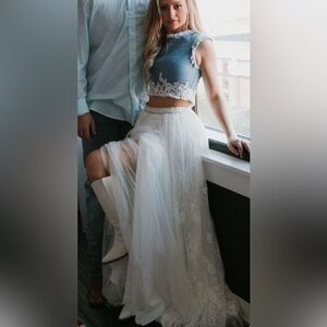Sherri Hill Two-piece denim bodice with beaded shoulders and a tulle skirt